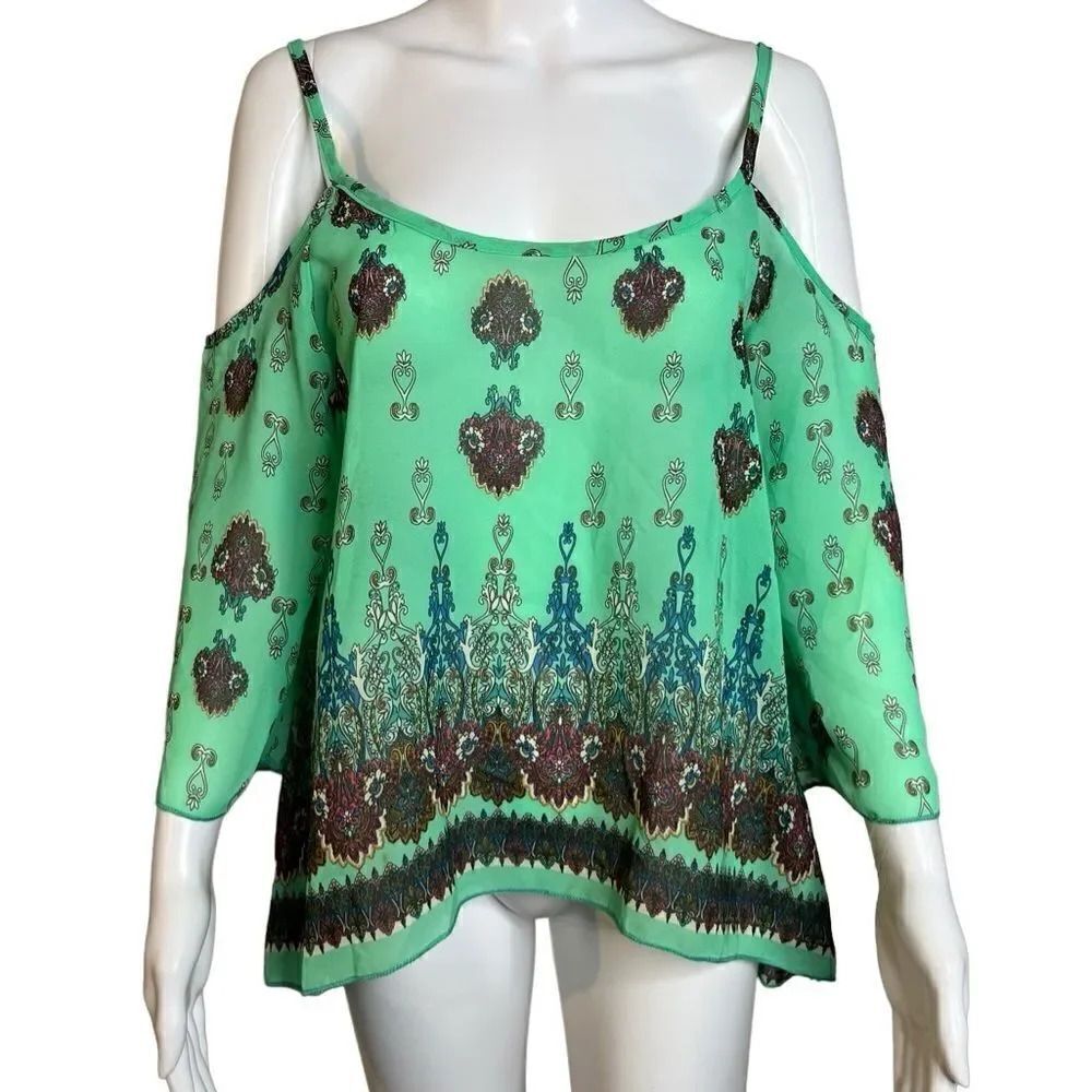 Nabee Bohemian Cold Shoulder Long Sleeve Blouse Green Size Medium